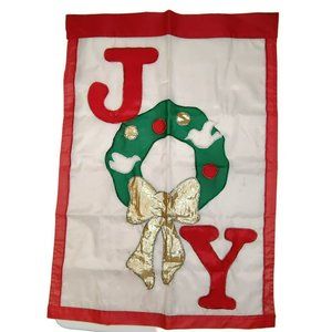 Vintage JOY Red and White 28x40 Holiday Flag Christmas Wreath Shiny Gold Bow